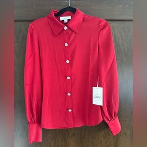 NWT CeCe Red Satin Button Down with Rhinestone Buttons Christmas Red